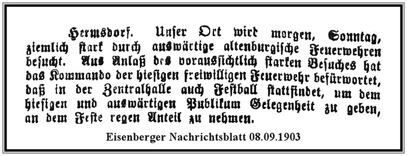 20. Abgeordnetentag des Landesverbands Sachsen-Altenburgischer Feuerwehren zu Hermsdorf am 08., 09. und 10.08.1903